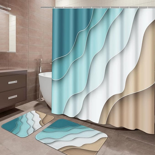 ArtSocket 3 Pcs Shower Curtain Set with Rugs, Abstract Summer Beach Bathroom Set with Non-Slip Rug Bath Mat and 12 Hooks 72x72 inches
