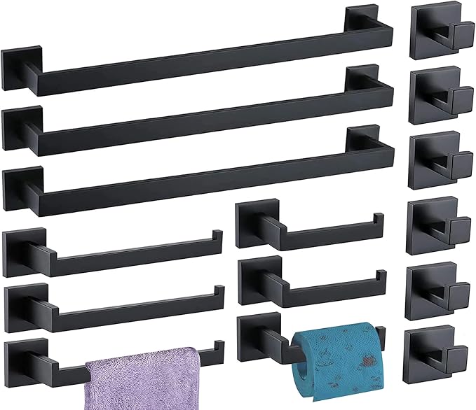 Bathroom Hardware Set 15 Piece Matte Black Bathroom Accessories Set SUS304 Towel Bar Set Includes 3 Towel Bar 24 Inch+3 Towel Holder+3 Toilet Paper Holder+6 Towel Hooks (15, Matte Black, 24 Inch)
