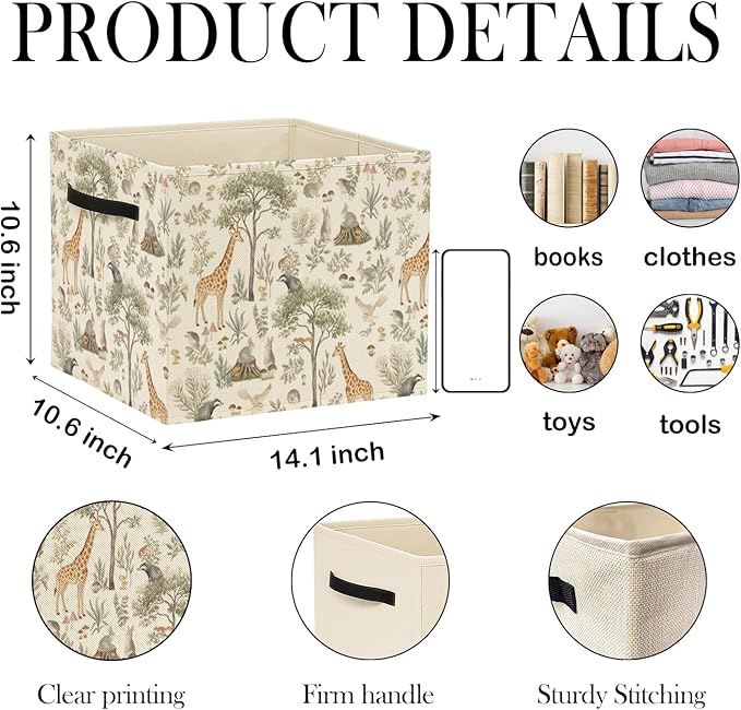 Forest Animal Nursery Storage Bin Box with Handles, Cottagecore Botanical Animal Foldable Baskets Organizer for Kids Room Nursery Bathroom Clothes Toys Books, Toybox for Boys Girls