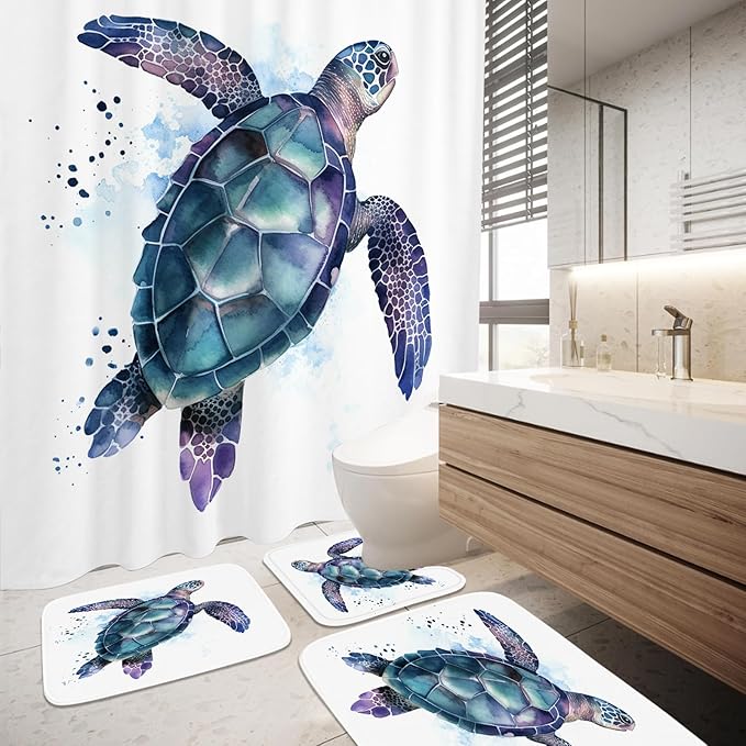 Funny Sea Turtle Ocean Animal Cartoon Bathroom Sets with Shower Curtain and 20 x 31 Rugs Bathroom Accessories Sets Decor with Bath Rug, Bath Mat, U-Shaped Contour and Hooks 72 x 72 Inch Teal Purple