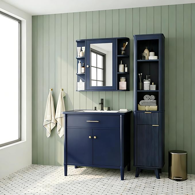 Merax Bathroom Wall Storage Cabinet with Mirror, 26 Inch Medicine Cabinet with Mirror Doors & Adjustable Wood Shelf, Space-Saving Modern Mounted Storage Cabinets with 6 Open Shelves, Blue