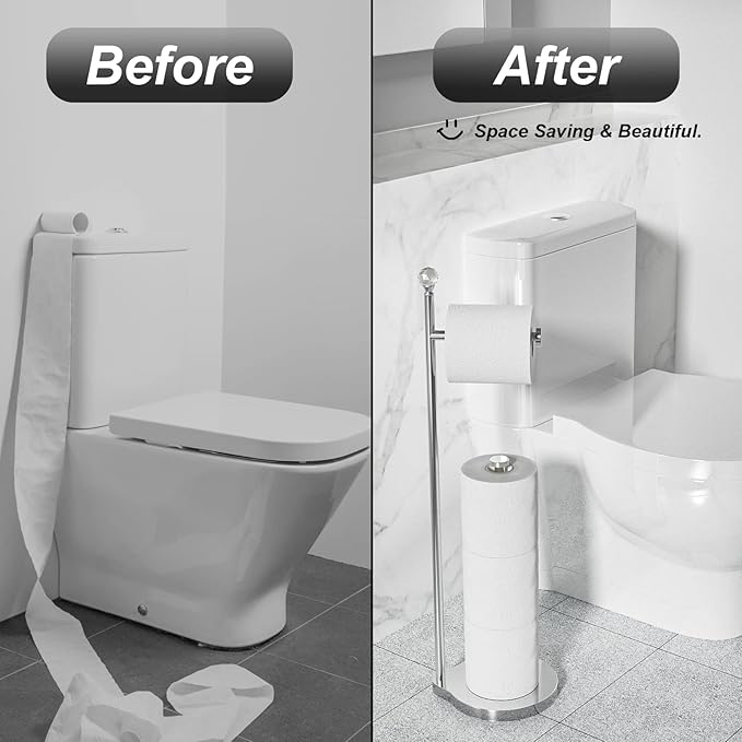 KASUNTO Toilet Paper Holder for Bathroom, Heavy Weighted Metal Free Standing Toilet Paper Storage with Crystal Ball, Toilet Paper Stand for Bathroom Accessories, Polished Chrome [Holds MEGA Rolls]
