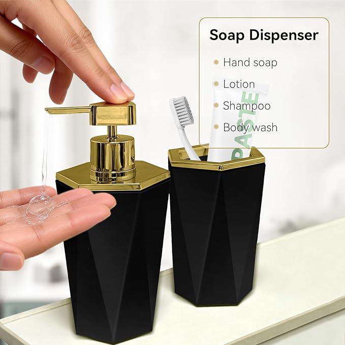 2 PCS Black and Gold Bathroom Accessories Set, Bathroom Accessories Include Soap Dispenser and Toothbrush Holder, Morden Bathroom Décor, Bathroom Sets Accessories