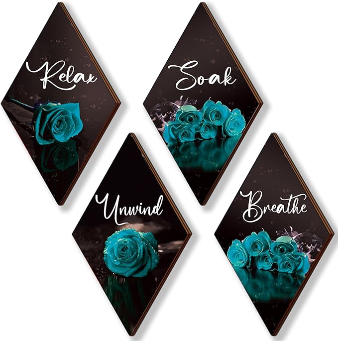 ONIZHITY Set of 4 Teal Bathroom Decor Rose Wooden Wall Decor Turquoise Bathroom Decor Romantic Farmhouse Teal Wall Decor Breathe Soak Unwind Relax Signs for Office Room Bedroom (teal 12 x 7)
