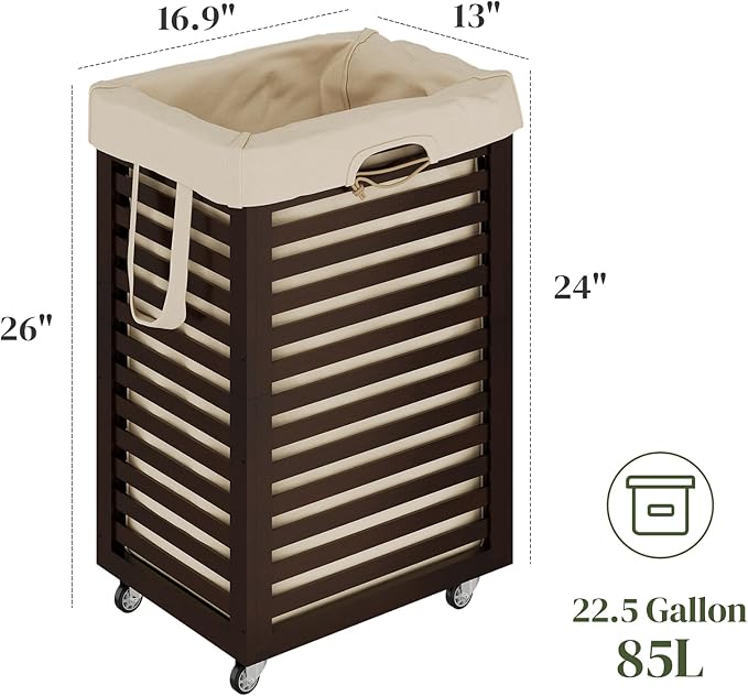 Laundry Hamper with Wheels, Laundry Basket with Liner, 85L Large bamboo Laundry Clothes Laundry Hamper, Liner with Handles, Dirty Clothes Storage Cart For Laundry Room, Dorm, Bedroom, Bathroom(Coffee)