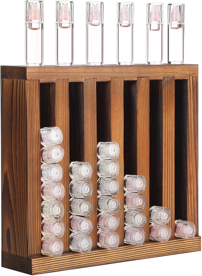 Wonderjune 1 Pcs 6 Slot Wooden Lipsticks Holder 0.7 Inch Lip Balm Tube Holder Lip Gloss Organizer Display Wood Lipsticks Tube Tower Organizer for Market Craft Booth Room Display (Brown)