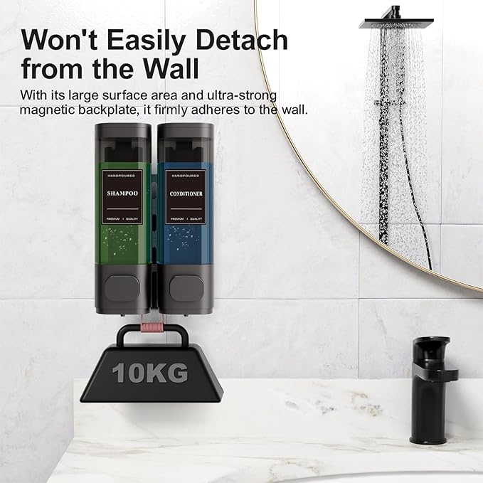 Shampoo and Conditioner Dispenser – Wall-Mounted Shower Soap Dispenser, No-Drill Installation, Lockable, 900 ml Capacity,for Bathroom & Hotel or Airbnb (Gun Gray, 2-Pack)