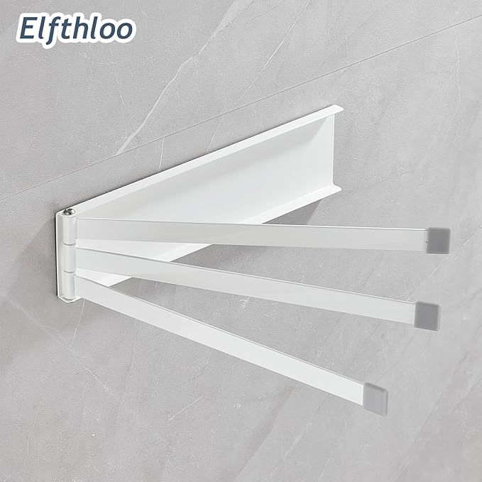 Small Swivel Foldable Towel Rack, Elfthloo 24cm(9.45 in) Rotating 3-Arm Towel Bar Rod, Space Saving Wall Mounted Holder, Stainless Steel Swing Out Hanger for Bathroom, Kitchen (1 Pack, White)