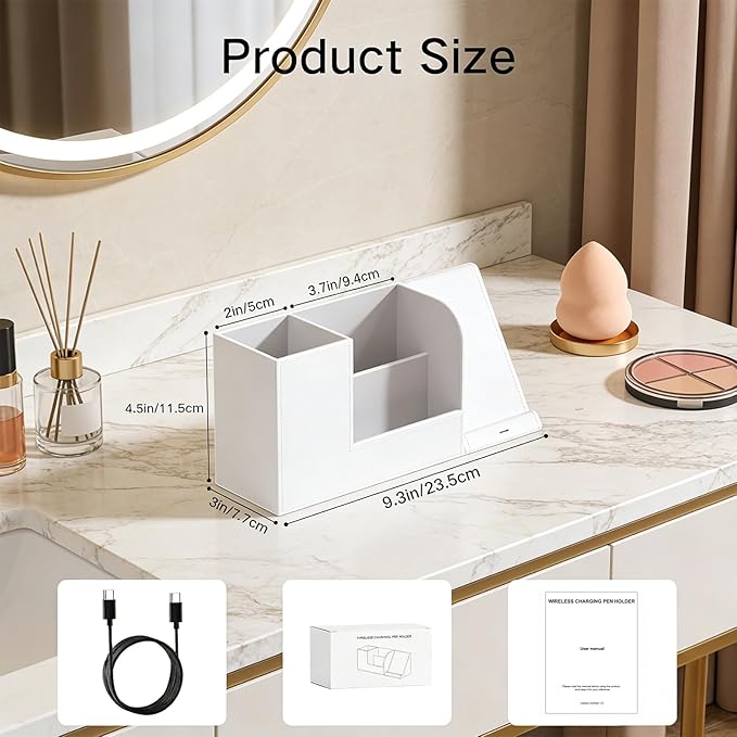 LADSTAG Makeup Brush Holder Organizer with Phone Charging Stand – Leather Cosmetic Cup for Perfume, Nail Polish, Lipstick & Art Supplies | Vanity, Bathroom & Desktop Organizer