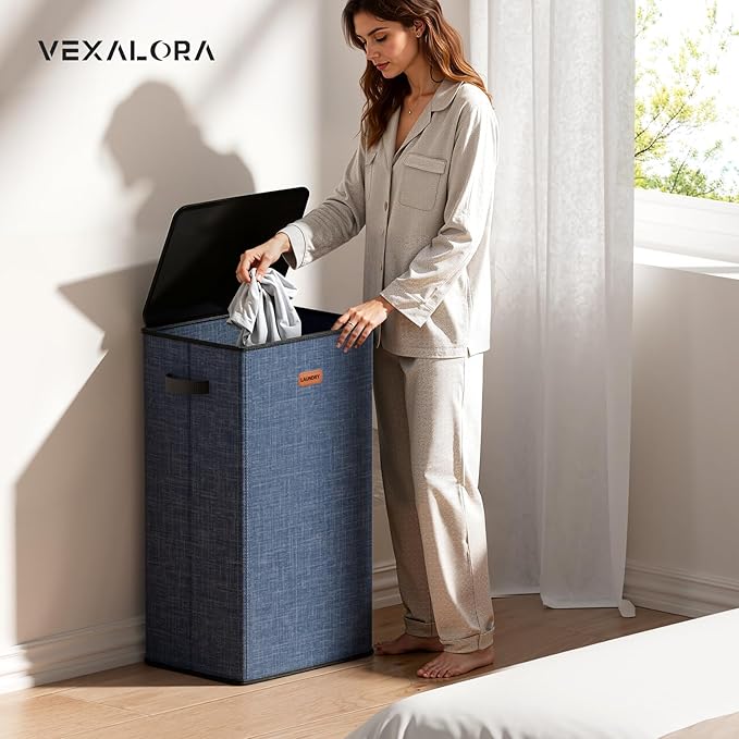100L Laundry Hamper with Lid, Large Clothes Hampers with Removable Bag, Collapsible Laundry Basket for Bathroom, Bedroom, Laundry Room, Dorm, Navy Blue