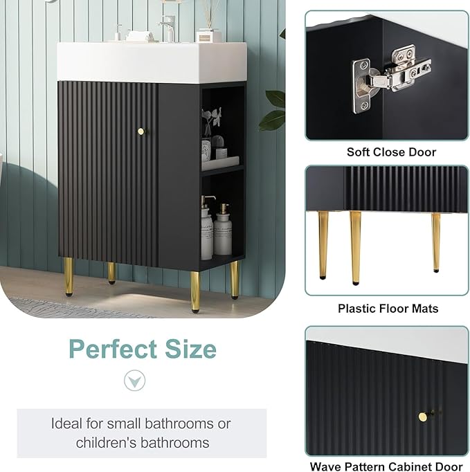 Virubi 21.6 in Small Bathroom Vanity with Sink,Doors and Storage Shelves,Wood Modern Single Fluted Bathroom Sink Cabinet Freestanding (Black,Right Shelf)