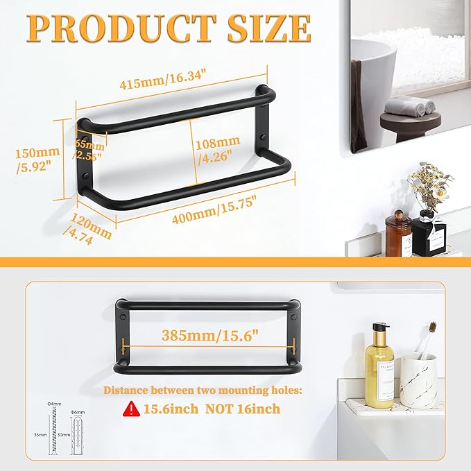 Alise Double Towel Bar,16 Inch Towel Racks for Bathroom, SUS304 Stainless Steel Towel Bar for Bathroom Wall,Quick Drying Bathroom Towel Holder Bath Towel Hanger,Matte Black