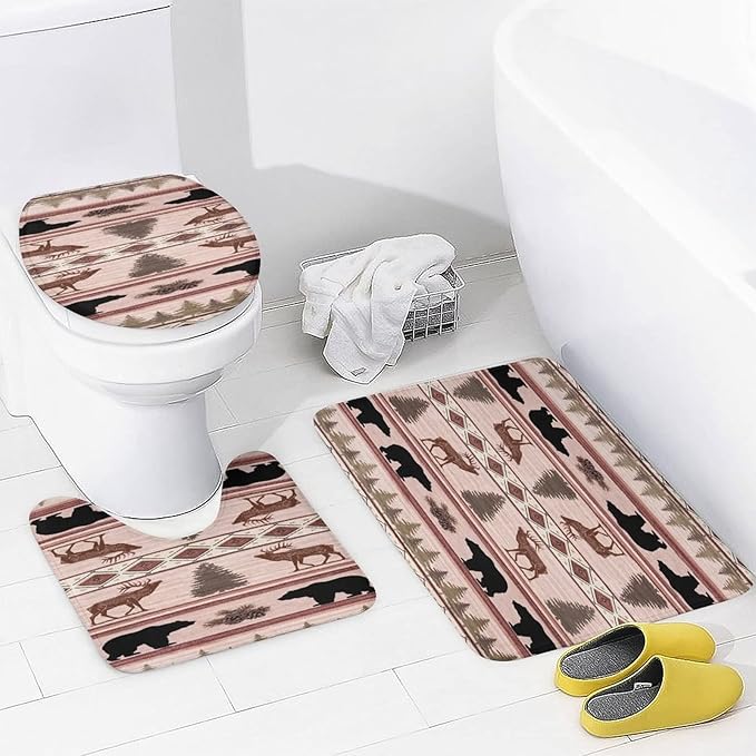 Black Bear Deer Tribal 4 Piece Shower Curtain Sets, Non-Slip Rugs, Toilet Lid Cover and Bath Mat, Durable and Waterproof, for Bathroom Decor Set One Size