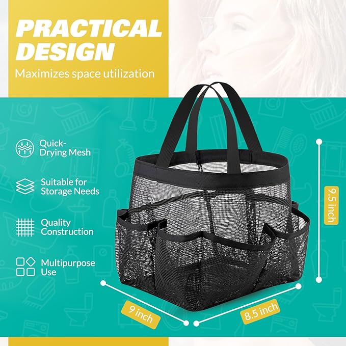 LOYEE Mesh Shower Caddy Portable for College Dorm Room Essentials with 8 Pockets, Shower Bag for Beach, Swimming, Gym, Travel, Bathroom(Black)