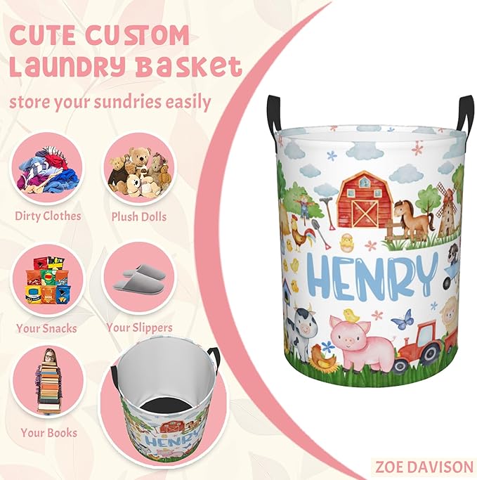 ZOE DAVISON Custom Farm Animals Laundry Baskets, Personalized Animal Pattern Gifts with Customized Name, Collapsible Laundry Hamper for Kids Adults Home Decoration,16.5 X 13.8in