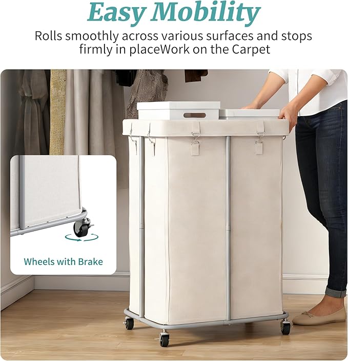 155L Laundry Hamper with Wheels, Rolling Laundry Basket with Metal Frame and Removable Bag, Double Laundry Hamper 2 Section, Large & Tall Dirty Clothes Hampers for Bedroom Aesthetic, Laundry Room
