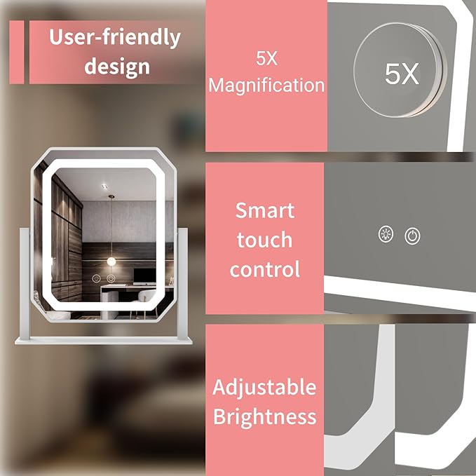 Lighted Makeup Mirror, Hollywood Vanity Mirror with Lights, 3 Color Lighting Modes, Detachable 5X Magnification Mirror, Smart Touch Control, 360°Rotation (12in. White) Title Generator Brand