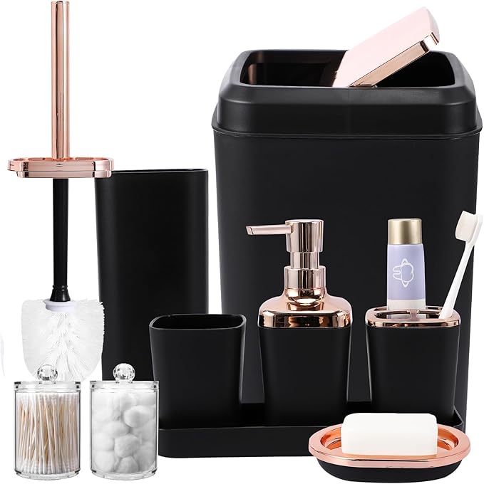 XLHOMO Black Bathroom Accessories, 9-Piece Black Bathroom Set with Trash Can, Vanity Tray, Soap Dispenser, Soap Dish, Toothbrush Holder, Toothbrush Cup, Toilet Brush and Qtip Holders