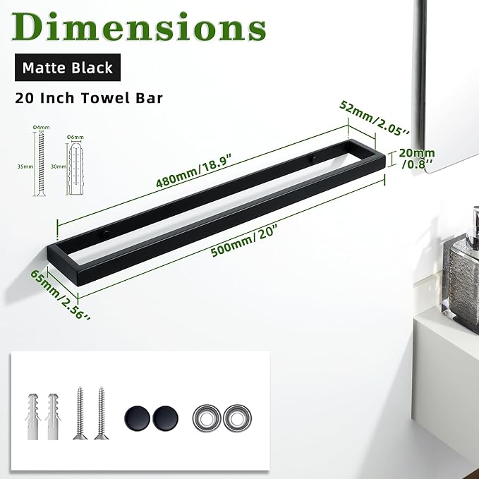 Alise 20 Inch Towel Bar,Towel Holder for Bathroom, Towel Racks for Lavatory,SUS304 Stainless Steel Hand Towel Hanger,Wall Mount Towel Rail,Matte Black