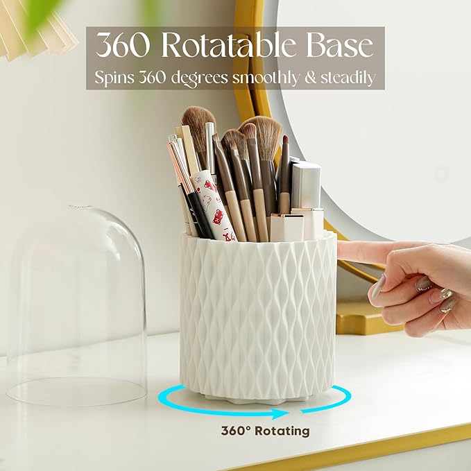 Makeup Brush Holder with Lid, 360?? Rotating Dustproof 5-Slot Cosmetic Organizer for Vanity Countertop, Spinning Brush Caddy with Cover for Lipstick, Hair Brush & Art Supply, White