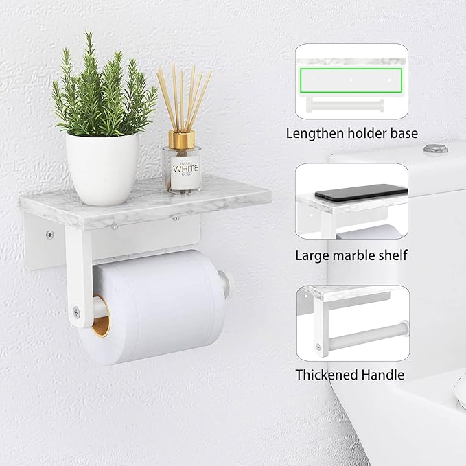 Gypie Toilet Paper Holder with Natural Marble Shelf, 304 Stainless Steel Screw Wall Mounted, Tissue Roll Paper Holder Dispenser for Bathroom Washroom White