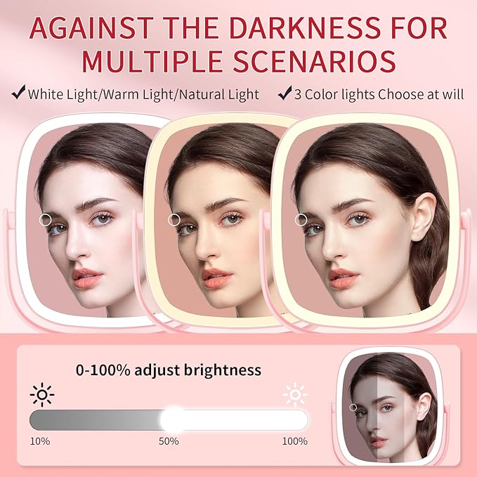 Lighted Makeup Mirror, 2600mAh Rechargeable 1x/10x Magnifying Vanity Mirror, 8.5" Height Adjustable Makeup Mirror with Lights 3 Color, 360° Rotation 2-Sided Light up Large Desk Mirror - Pink