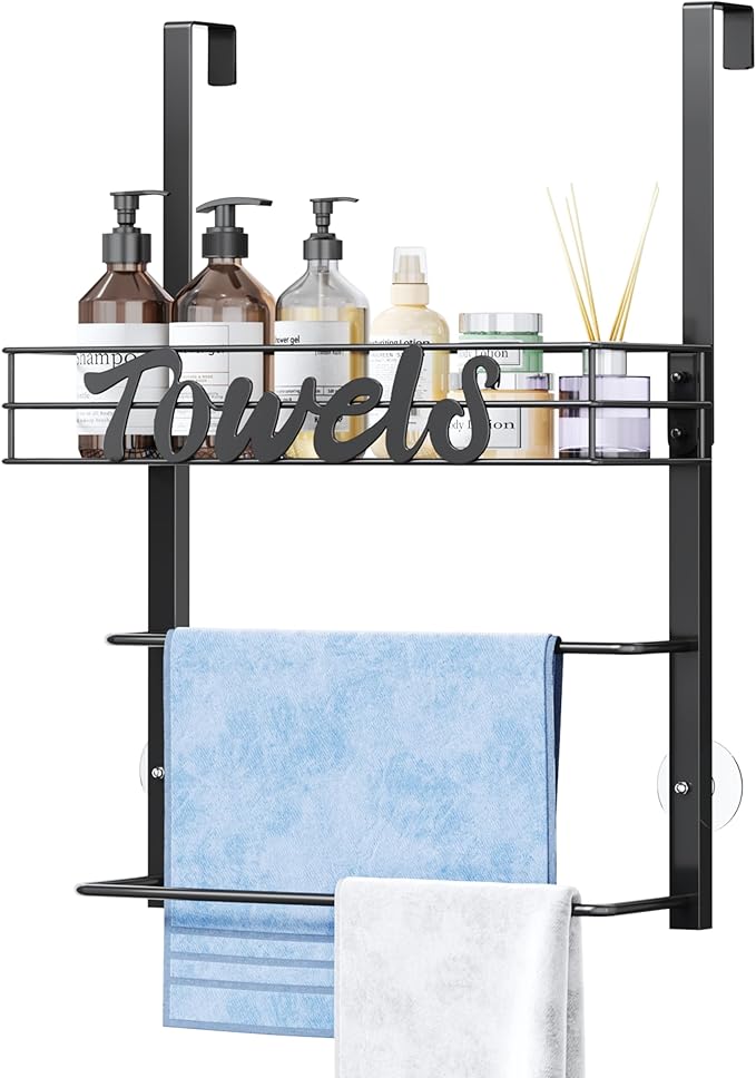 SWTYMIKI SWTYMIKI Over The Door Towel Racks for Bathroom - 5-Tier Wall Mounted Bathroom Towel Storage Organizer Holder with Metal Shelf (3 Tier-Black)