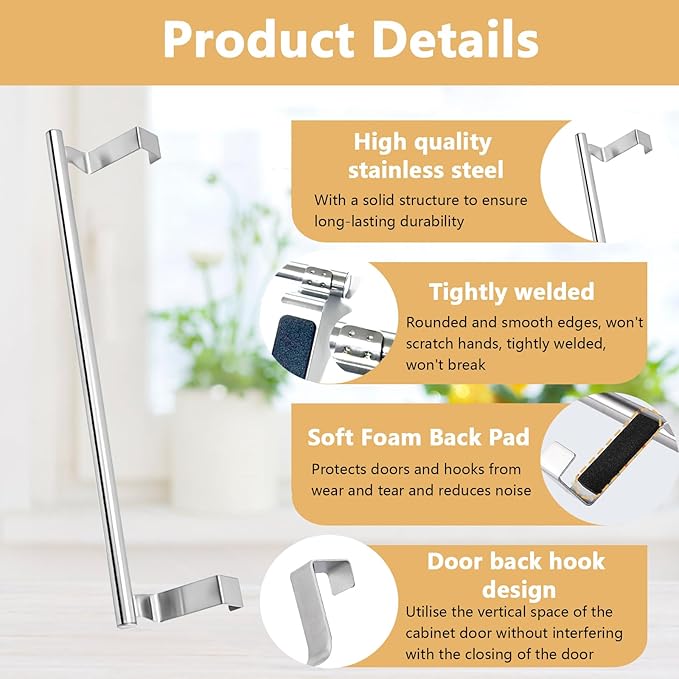 2 Pack Over Cabinet Door Towel Rack, 14" Kitchen Towel Holder, Stainless Steel Towel Bar Hand Towel and Dish Towel Holder for Kitchen Bathroom