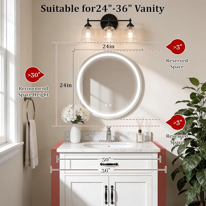 WallBeyond 24 in Round LED Medicine Cabinet with Mirror, Black Bathroom Cabinet with Storage, 3 Color Stepless Dimmable Lights, Anti-Fog, Memory Function, Hardwired, Surface Mount