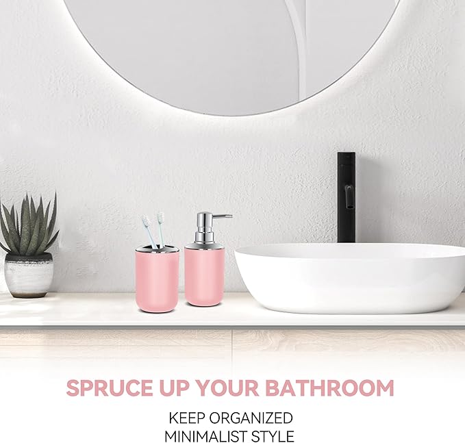 Pink Bathroom Accessories Set 2 PCS, Pink Bathroom Accessories, Plastic Soap Dispenser and Toothbrush Holder Set, Boho Bathroom Decor, Bathroom Set