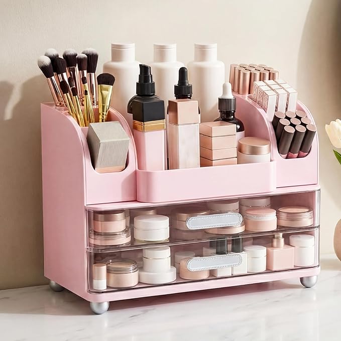 Makeup Organizer for Vanity Countertop with 2 Large Drawers, Spacious Display Cabinet, Partitioned Top Compartment 6 Brush Holders - Pink Beauty Storage Solution