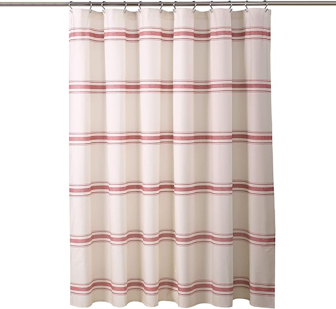 Lush Decor Farmhouse Stripe Cotton Shower Curtain, 72" W x 72" L, Red - Striped Bathroom Curtain - Fabric Shower Curtains - Farmhouse Bathroom Decor
