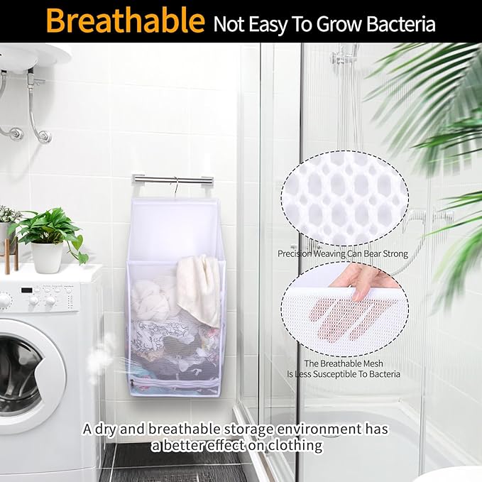 Hanging Collapsible Breathable Mesh laundry bags,Fast Drying Portable Space Saving Laundry Hamper for dorm,Rv Laundry Hamper Storage (White)