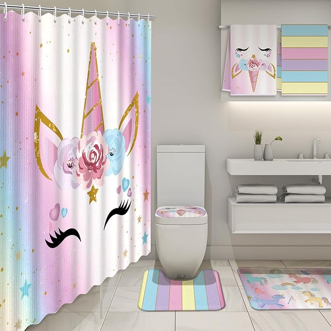 Nuanchu 6 Pcs Unicorn Shower Curtain Set with Rug Rainbow Unicorn Bathroom Sets with Shower Curtain Bath Mat U Shaped Mat Toilet Lid Cover 2 Bath Towels and 12 Hooks Pink Girls Bathroom Decor