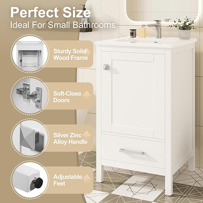 Virubi 20" Small Bathroom Vanity with Sink, Soft-Close Drawer and Door, Wood Modern Single Bathroom Sink Cabinet with Doors and Shelves, Adjustable Foot Pads, for Small Space (White)