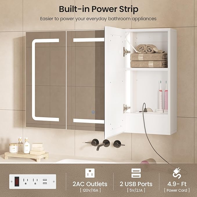 Hasuit Medicine Cabinet Organizer with Mirror, Lighted Bathroom Medicine Cabinet with Storage, 3 Doors Bathroom Wall Cabinet with LED Lights, Adjustable Shelves & Outlets, 35.4'' x 23.6'', White