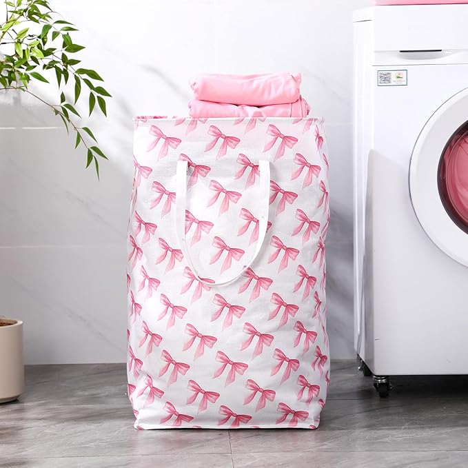 Leinuosen 2 Pcs 80l Large Bow Pink Laundry Hamper Basket with Waterproof Inner Lining, Collapsible Pink Clothes Storage Baskets Bin with Handles for Bedroom, Nursery & Home Organization(Pastel)