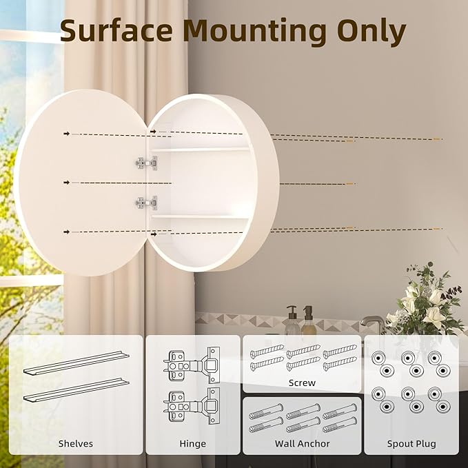 24 x 24 in Inch Round Medicine Cabinet Mirror White,Circular Bathroom Mirror with Storage Wall Mounted,Metal Framed Medicine Cabinets with Tempered Glass Adjustable Shelves for Bathroom Vanity