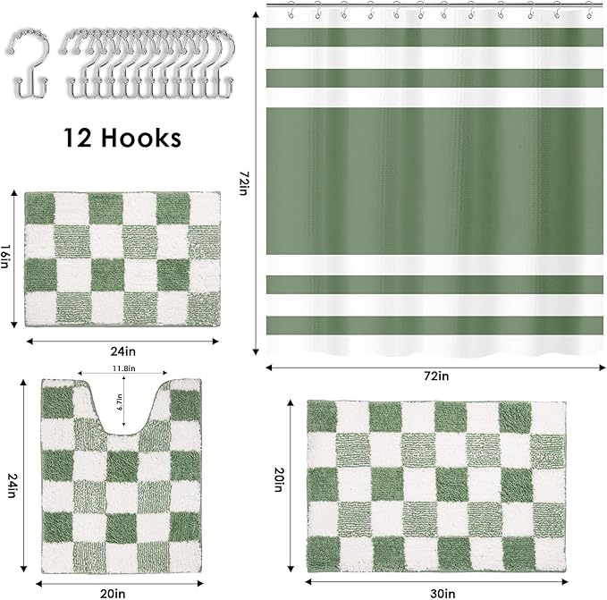 Britimes Sage Green Bathroom Sets with Shower Curtain and Rugs, Minimalist Striped Checkerboard Waterproof Shower Curtain Liner and Soft Non Slip Bath Mat for Bathroom Decor and Accessories Hooks