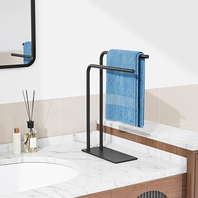 Hand Towel Holder Stand for Bathroom Kitchen Countertop, Matte Black Modern Free Standing Towel Racks with Heavy Base, Holds 2 Towels