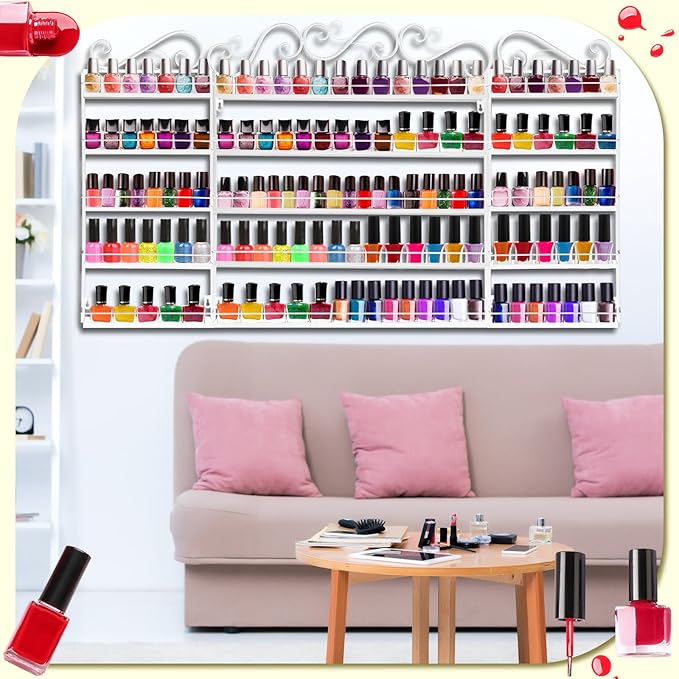Sintuff 3 in 1 Nail Polish Rack Wall Mount Nail Polish Organizer 5 Tiers Shelf Storage Display Holder Stand Holds 200 Bottles for Home Salon Business Spa(White)
