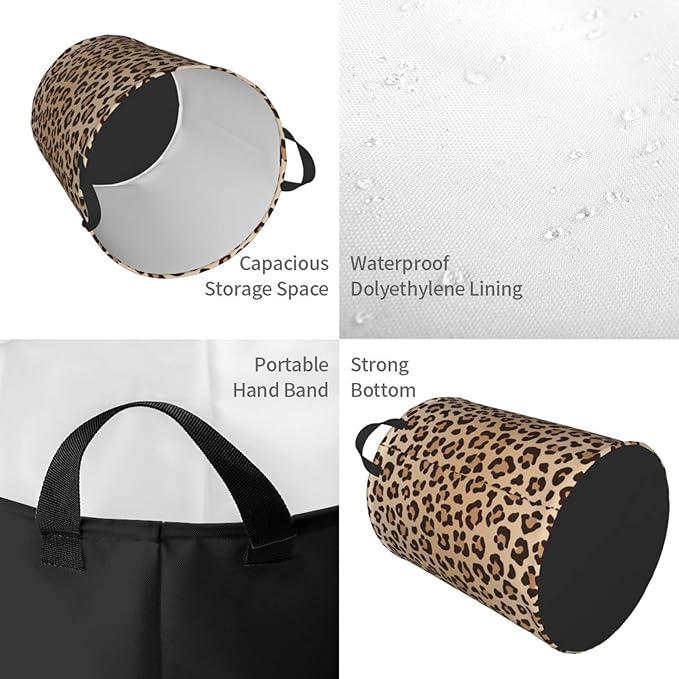 Leopard Print Round Laundry Hamper Animal Skin Texture Storage Basket Toys Clothes Organizer Bin For Home Bathroom Bedroom Dorm Nursery, 38l