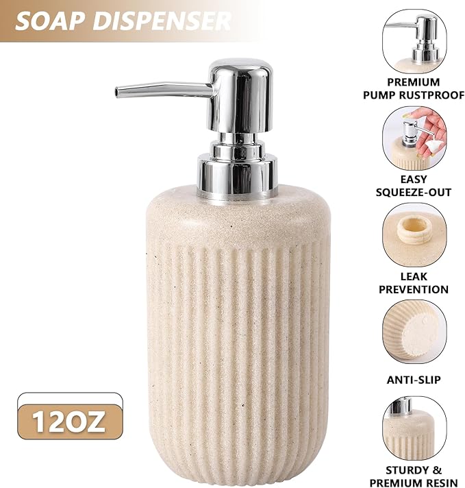 XLHOMO Resin Beige Bathroom Accessories Set 5 Pcs, Lotion Soap Dispenser, Toothbrush Holder, Bathroom Tumbler, Qtip Holder and Vanity Tray, Bathroom Countertop Organizer Set for Modern Home Apartment
