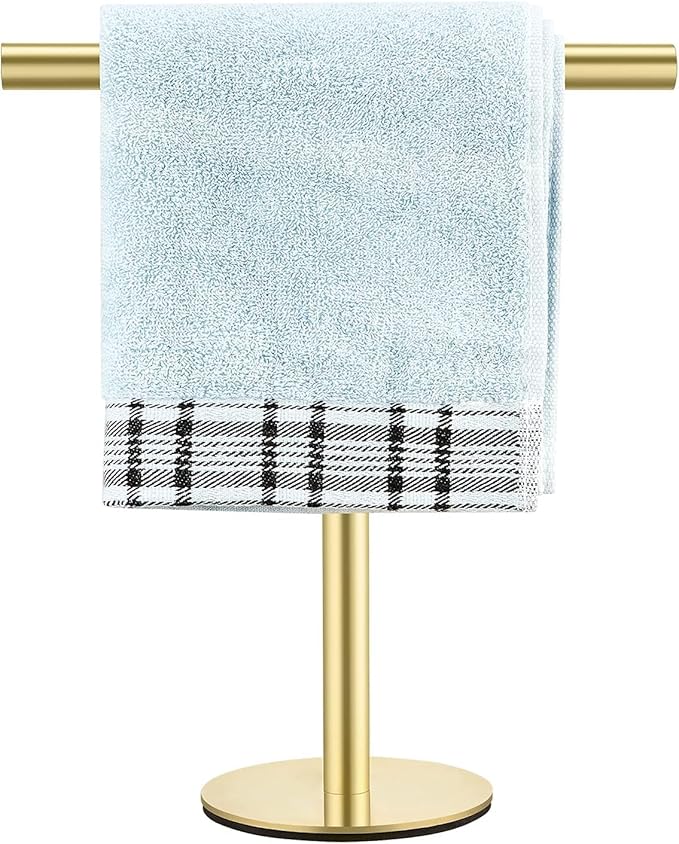 Elibbren Bath Hand Towel Holder Standing, Stainless Steel Golden Towel Bar Rack Stand for Bathroom and Kitchen Vanity Countertop, Modern Towel Holder，1 Pack