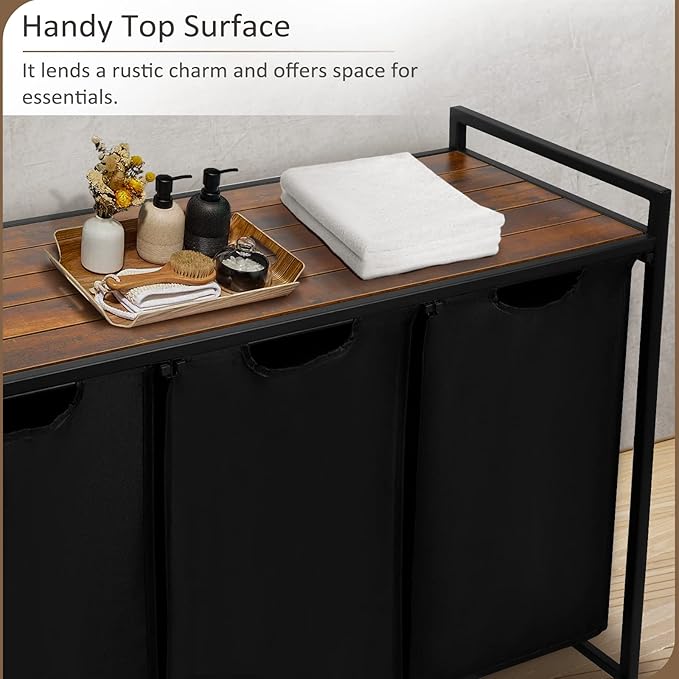 Graciadeco Pull Out Laundry Hamper 3 Compartment Laundry Sorter with Shelf 3 Section Laundry Basket with 3 x 16 Gallons Removable Bags for Laundry Room Bathroom and Dorm, Black