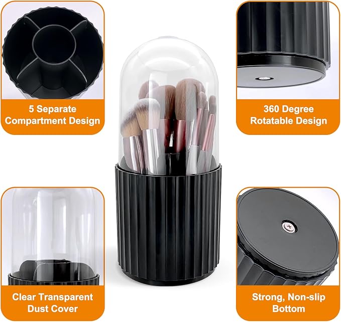 Makeup Brush Holder Organizer with Lid 360 Rotating Dustproof Storage Organizer, 5-Slot Makeup Brush Cup, Multifunctional Pen Holder for Makeup Brush Mascara or Eyeliner(Black)