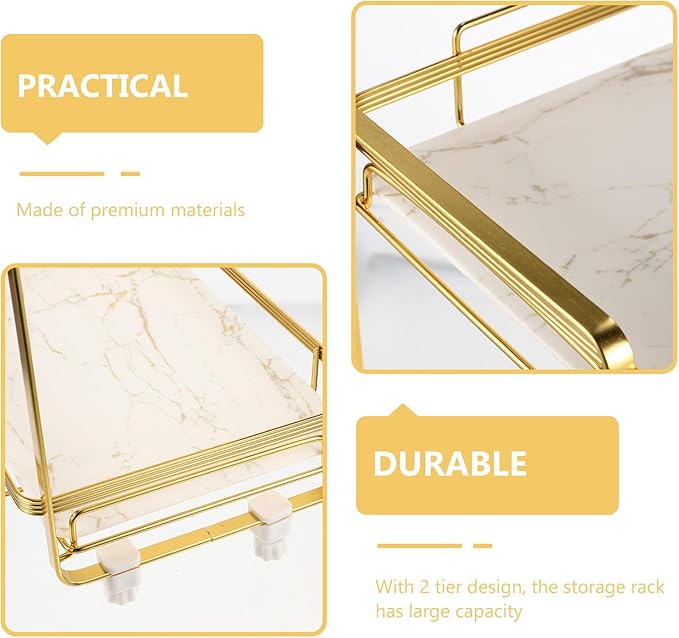 Toyvian 2-Tier Bathroom Counter Organizer Shelf, Marble Texture Alloy Frame with Anti-Slip Feet, Cosmetic Rack and Corner Storage Shelf for Bathroom and Vanity Storage