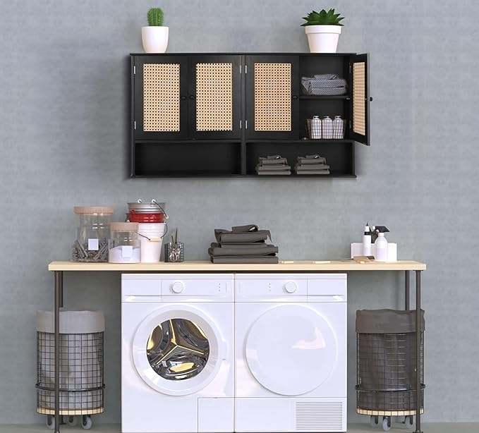 ZYBT Bathroom Medicine Cabinet Wall Mounted,Black Rattan Storage Towel Cabinet for Bathroom Storage Over The Toilet, Floating Hanging Cabinet for Small Spaces Kitchen Laundry Living Room