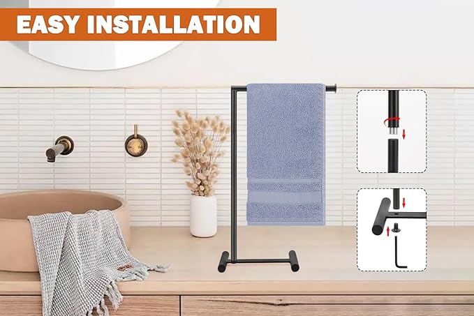 Livabber L-Shape Hand Towel Holder Stand, Metal Hand Towel Rack Modern Countertop Hand Towel Ring Standing Towel Bar for Bathroom Kitchen Vanity (Black)