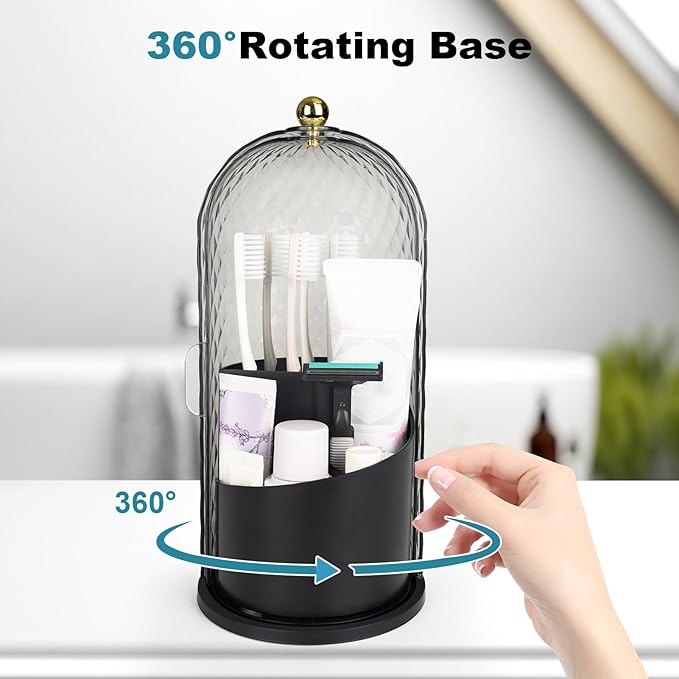 QIYVLOS Toothbrush Holders with Sliding Lid, Rotating 3 Slots Bathroom Organizer Countertop, Tooth Brush Toothpaste Holder Bathroom Counter Stand Caddy for Vanity Makeup Brushes Holder (Black)